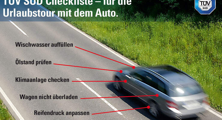 Bald beginnen in den ersten Bundesländern wieder die Sommerferien. Dann haben auch die Pannendienste Hochbetrieb. Mit der TÜV SÜD-Checkliste soll das Auto für die Urlaubsfahrt vorbereitet werden.